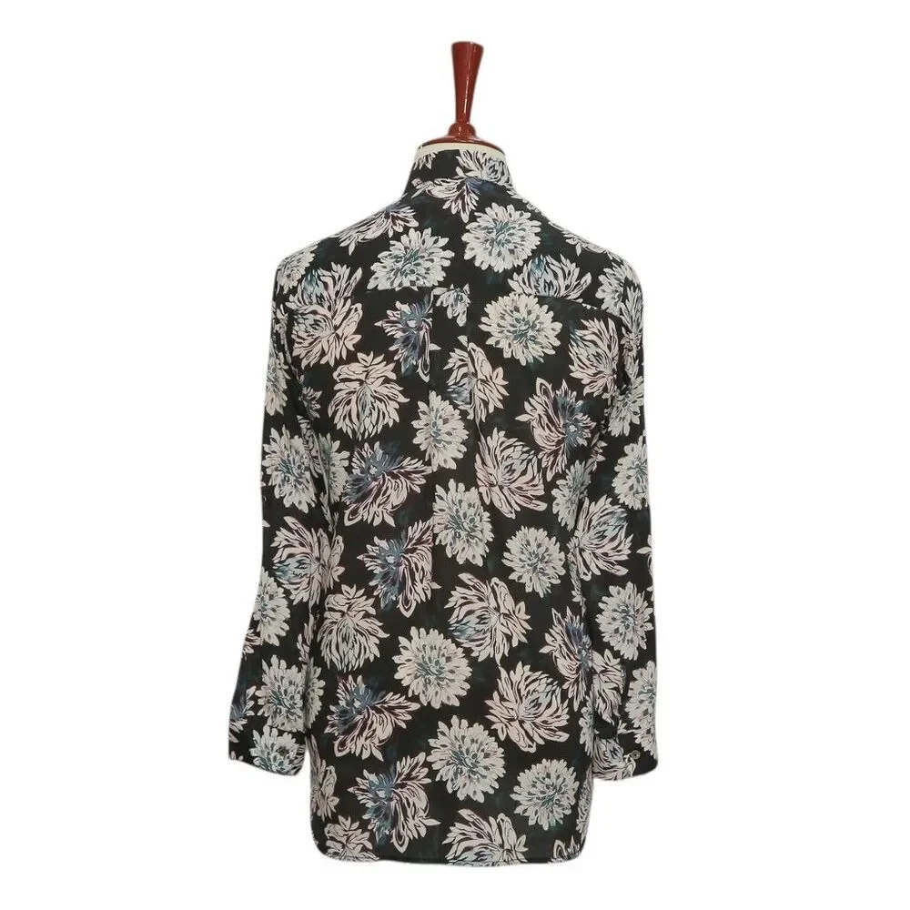 Womens Floral Shirt Black Pink Blue Blouse Button Up Dressy Top Medium Work - Picture 2 of 7